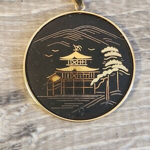 Vintage Amita Japanese House Landscape Damascene Pendant & Chain Black With Box